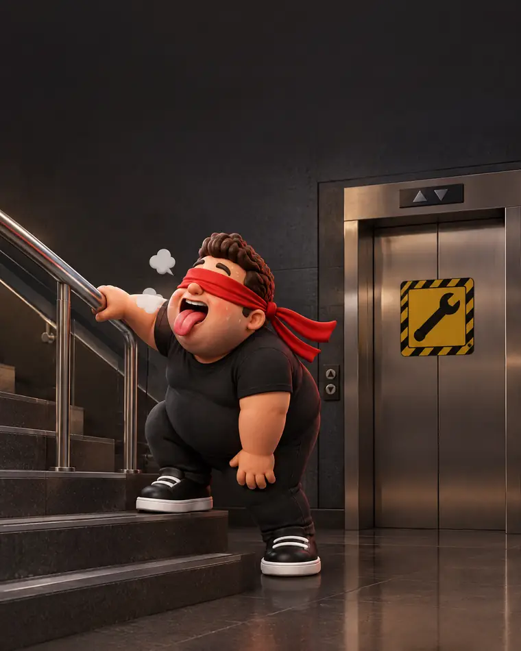 O mascote vendado, sem fôlego, agarrado ao corrimão no segundo degrau, com o elevador em manutenção ao lado.