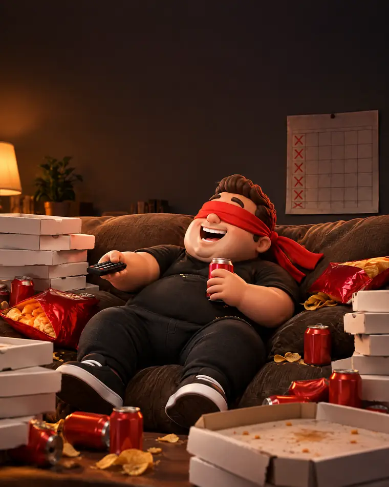 O mascote vendado afundado no sofá entre caixas de pizza, com um calendário cheio de segundas-feiras riscadas atrás.