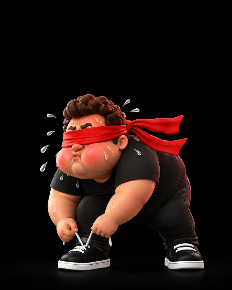 O mascote vendado, suando e vermelho, tenta amarrar o cadarço do tênis.